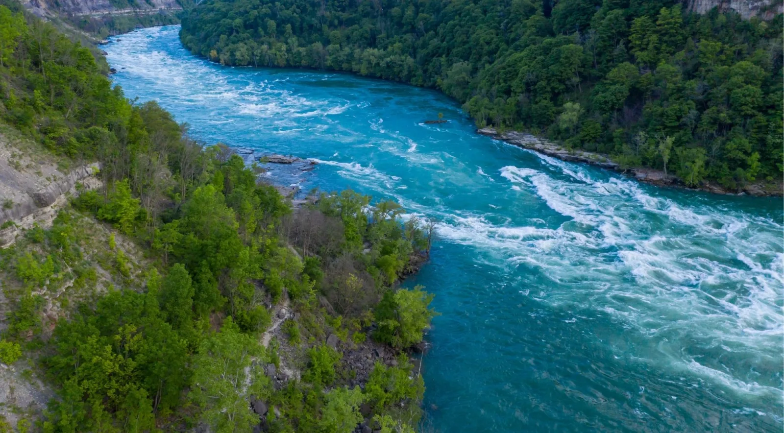 Aerial view down the forested Niagara Gorge with turquoise rapids running through the centre of the channel