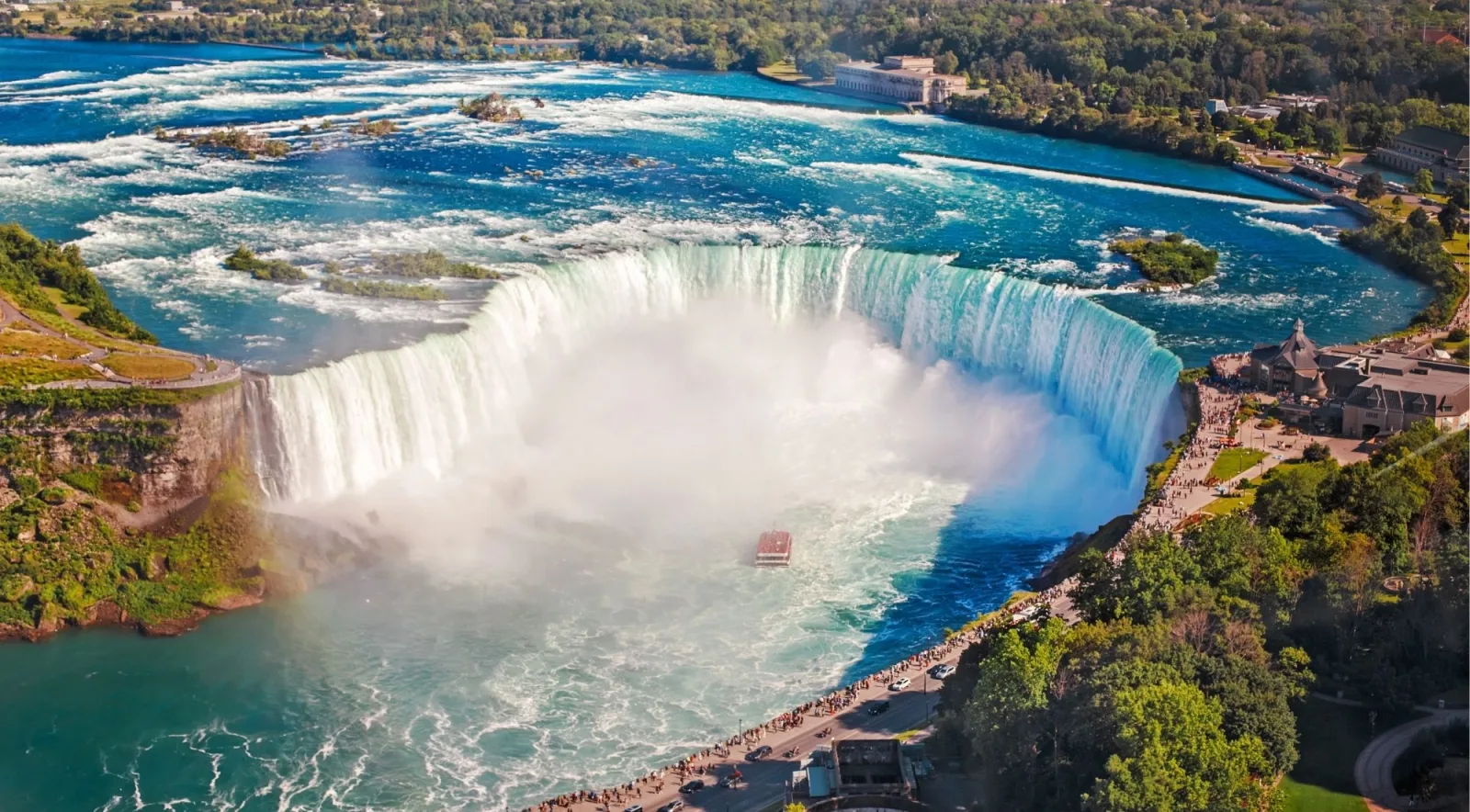 Aerial view of Horseshoe Falls with the Niagara River above it and the Canadian promenade crowded along the rim