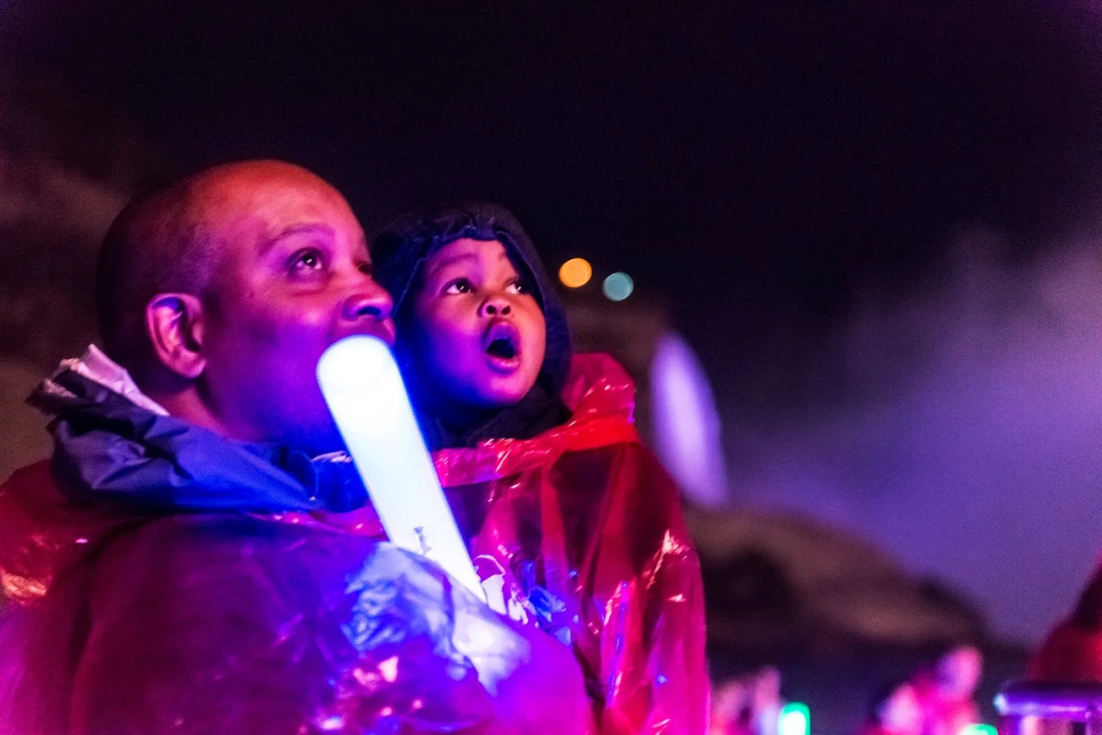 A father and young child in ponchos on deck, faces lit purple and pink, looking up at the fireworks above the falls