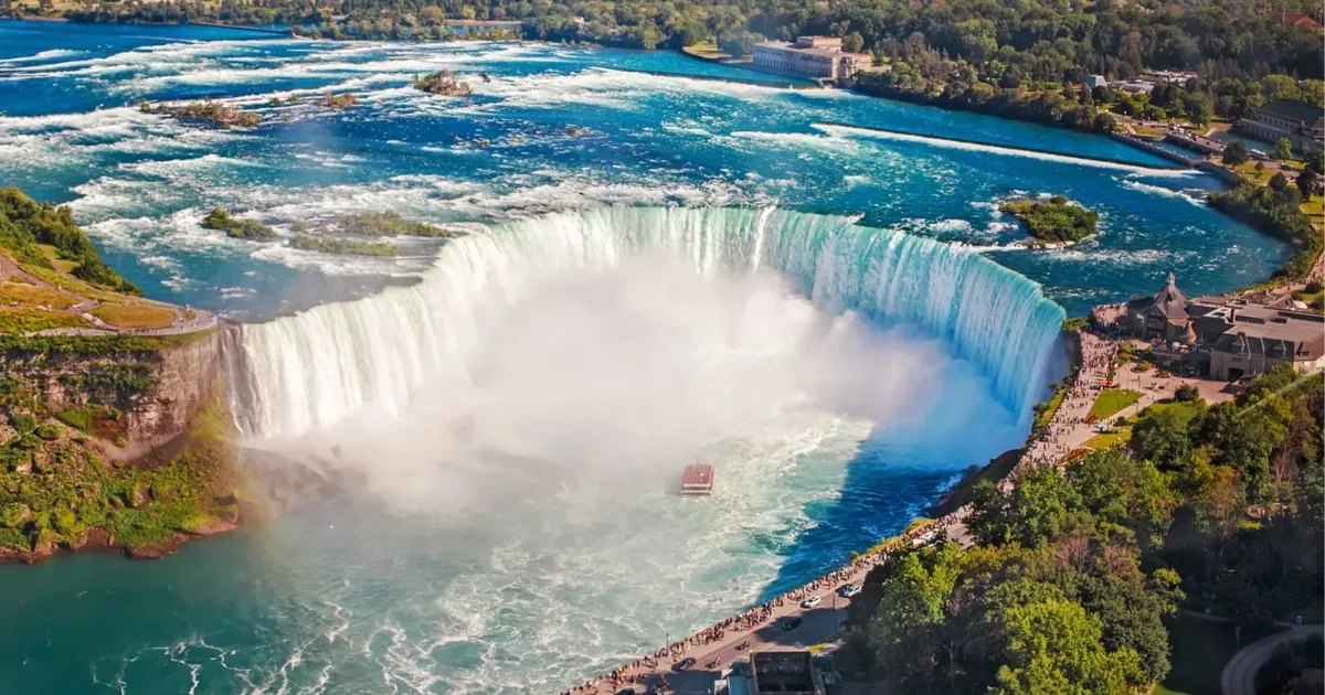 Aerial view of Horseshoe Falls with the Niagara Parkway and the Table Rock area beside it